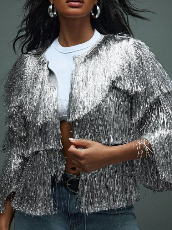 Jackets & Blazers - Silver Elegant Women's Night Out Party Shiny Fringe Layered Long Sleeves Jacket
